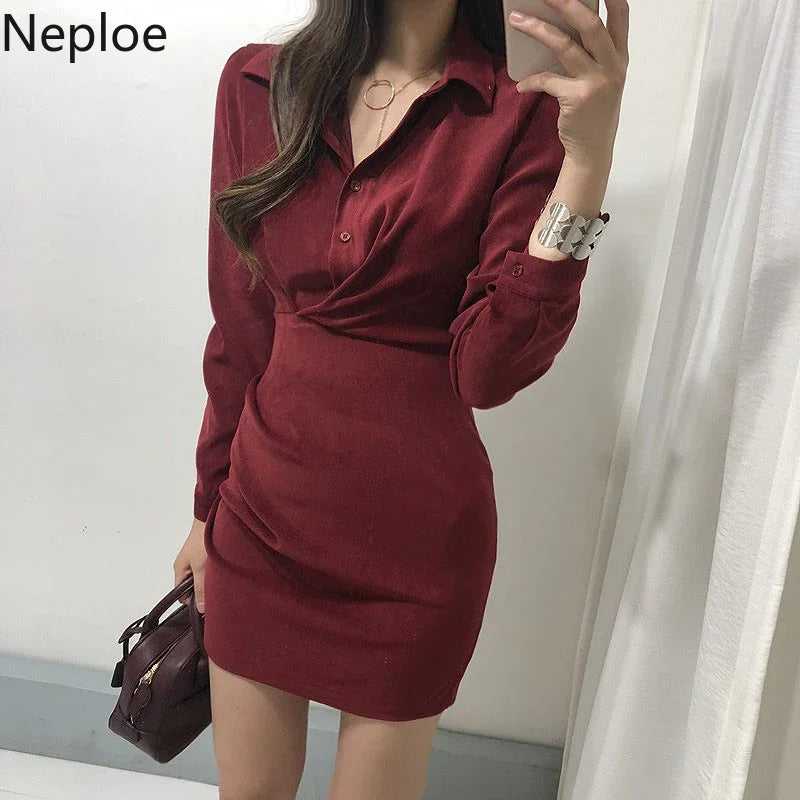Neploe Korean Chic Tie Waist Shirt Dress – Turn-Down Collar High Waist Bodycon Midi Dress