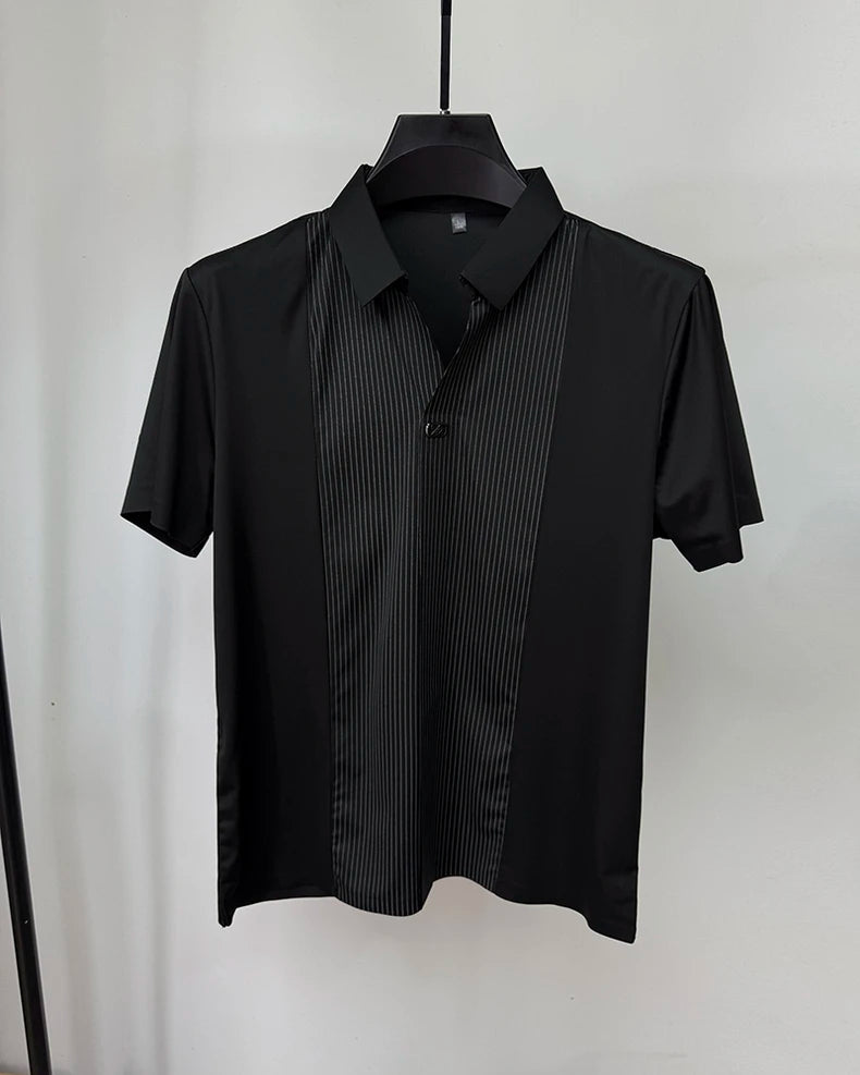 Personality patchwork stripe short sleeve polo shirt fashion brand embossed buttonless V-neck design men summer ice silk T-shirt