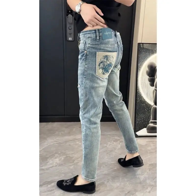 Summer New Slim-fit Men's Jeans Thin Brand Embroidery