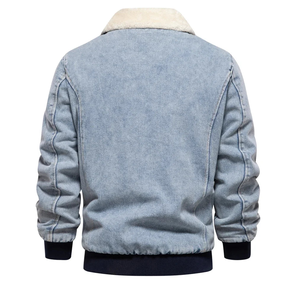 Men's Premium Fur Collar Denim Jacket – Warm Fleece-Lined Winter Coat