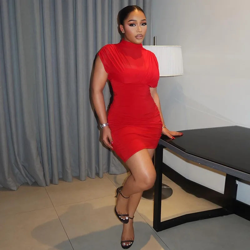 Turtleneck Short Sleeve Pleated Waistband Bodycon Hips Wrapped Mini Dress, Solid Color