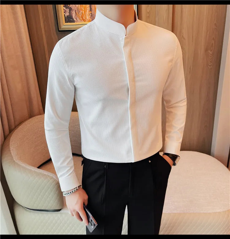 Men’s Luxury Stand Collar Shirt – Slim Fit Hidden Button Long Sleeve Business Casual Shirt