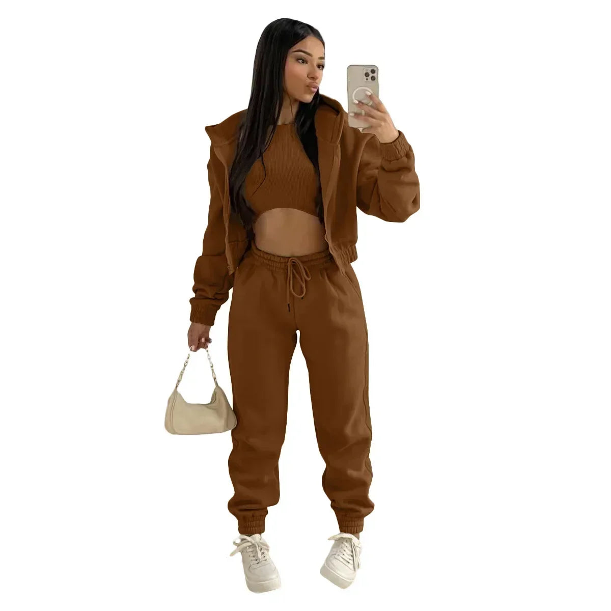 Women’s Premium 3-Piece Fleece-Lined Tracksuit Set – Hoodie, Tank Top & Sweatpants
