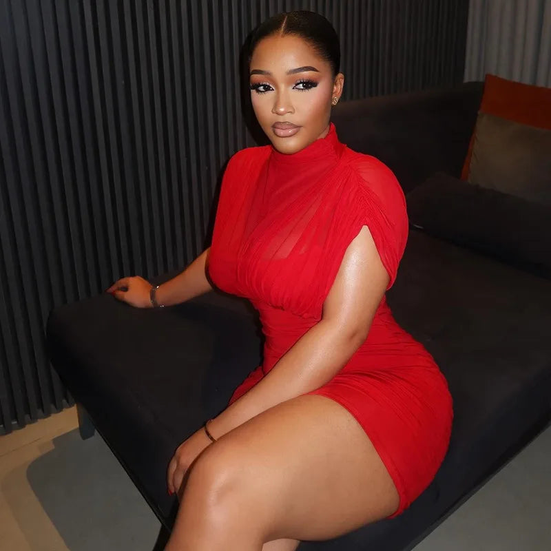 Turtleneck Short Sleeve Pleated Waistband Bodycon Hips Wrapped Mini Dress, Solid Color