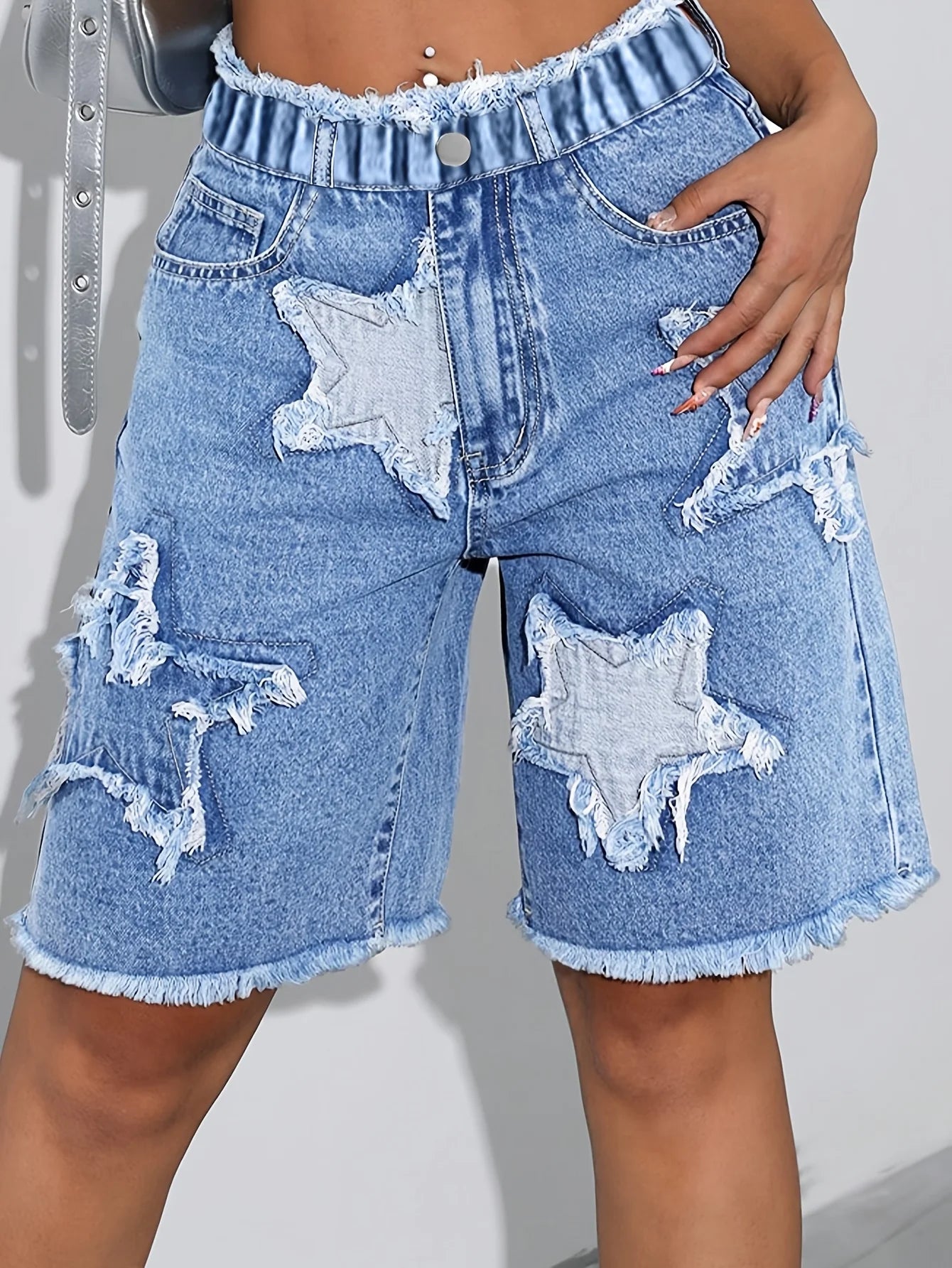 Five-Star Pattern Patchwork Denim Midrisk Trousers, with Elastic Stretch Waist.