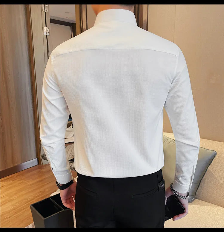 Men’s Luxury Stand Collar Shirt – Slim Fit Hidden Button Long Sleeve Business Casual Shirt
