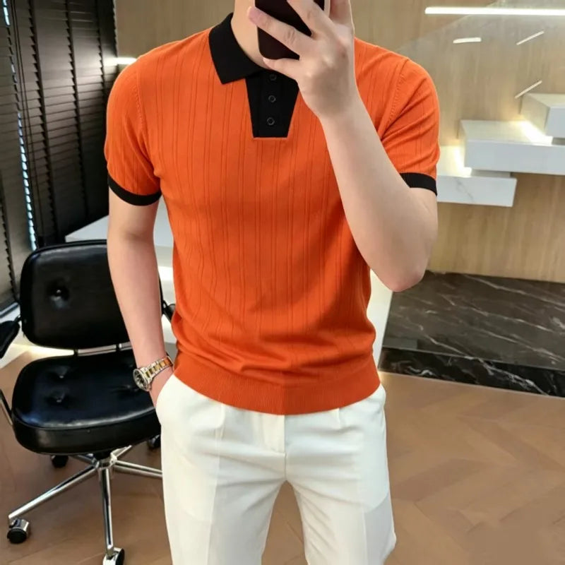 Luxury Knitted Polo Shirt Men's Short Sleeve Casual Social T-shirt