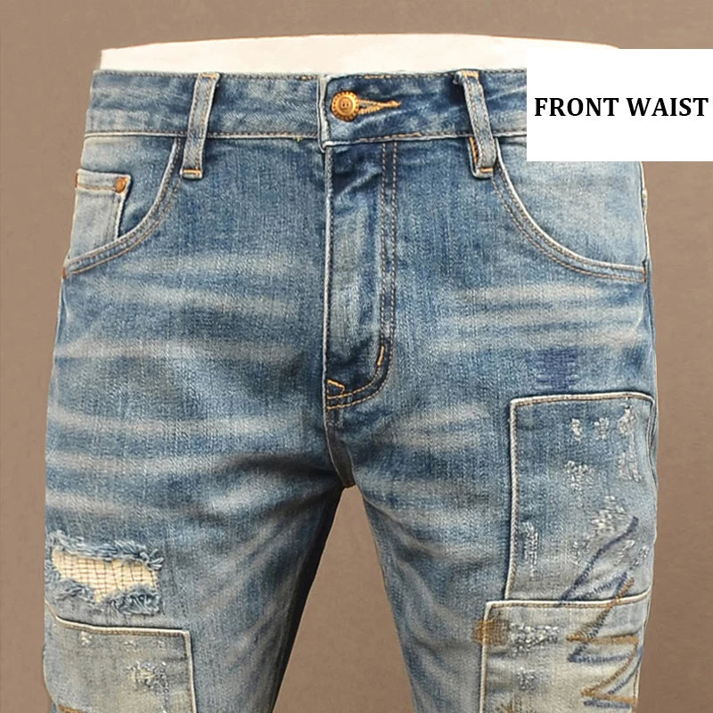 Premium Men's Embroidered Ripped Jeans – Retro Stretch Slim Fit Denim Pants