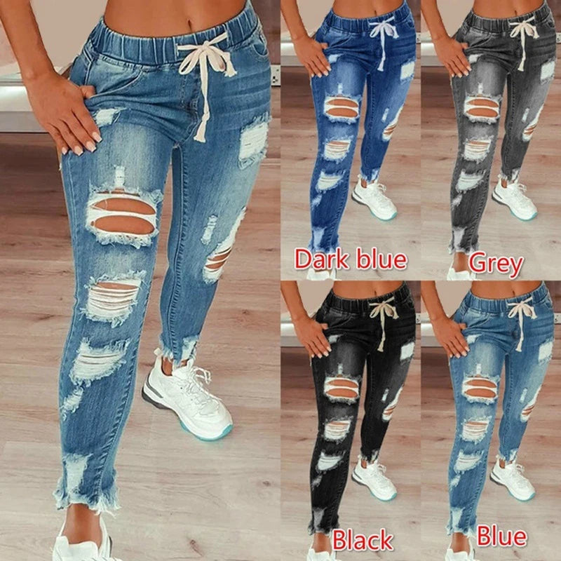 Vintage Blue Ripped Jeans Women Elastic Waist Drawstring Pencil Denim Jeans