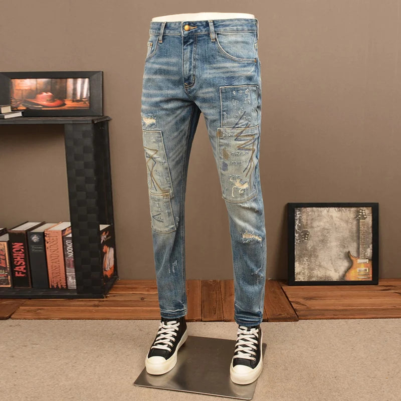 Premium Men's Embroidered Ripped Jeans – Retro Stretch Slim Fit Denim Pants