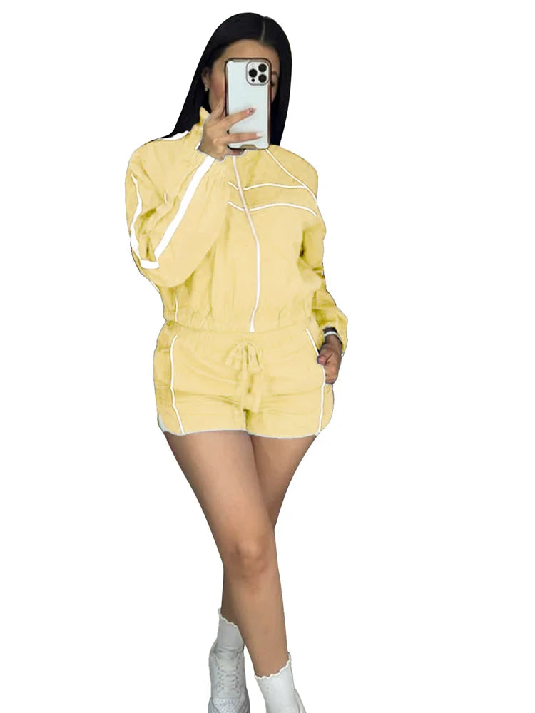 2 Piece Set For Women Casual Full Sleeve Zip Crop Long Sleeve Jacket + Drawstring Shorts Matching Tracksuits
