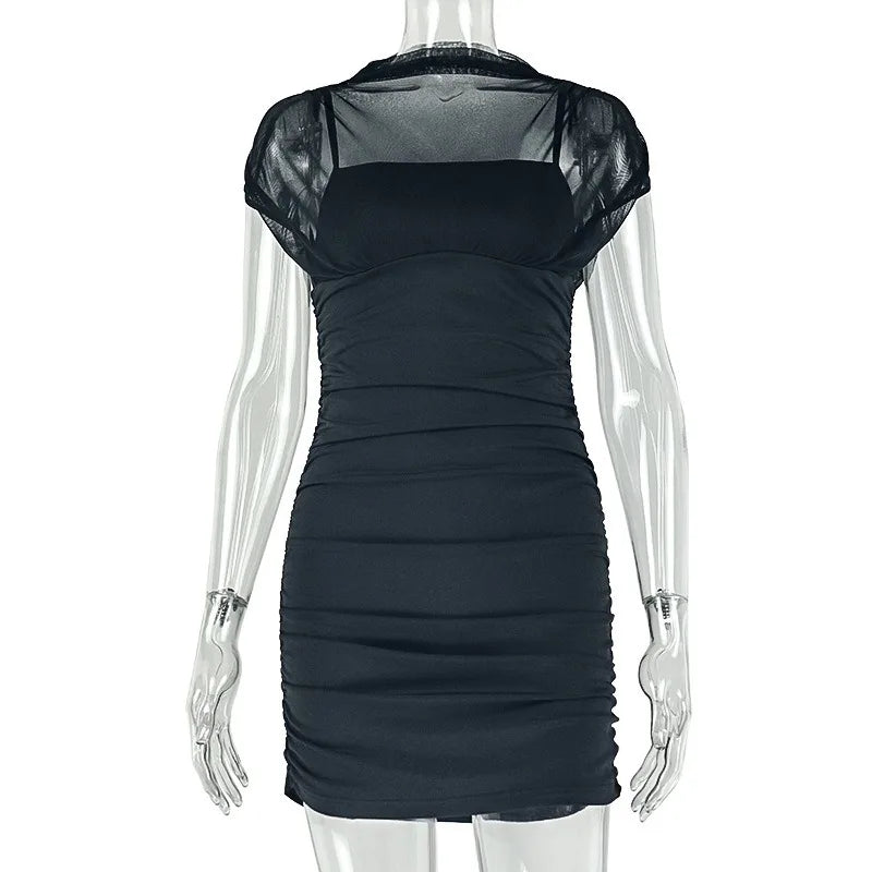 Turtleneck Short Sleeve Pleated Waistband Bodycon Hips Wrapped Mini Dress, Solid Color