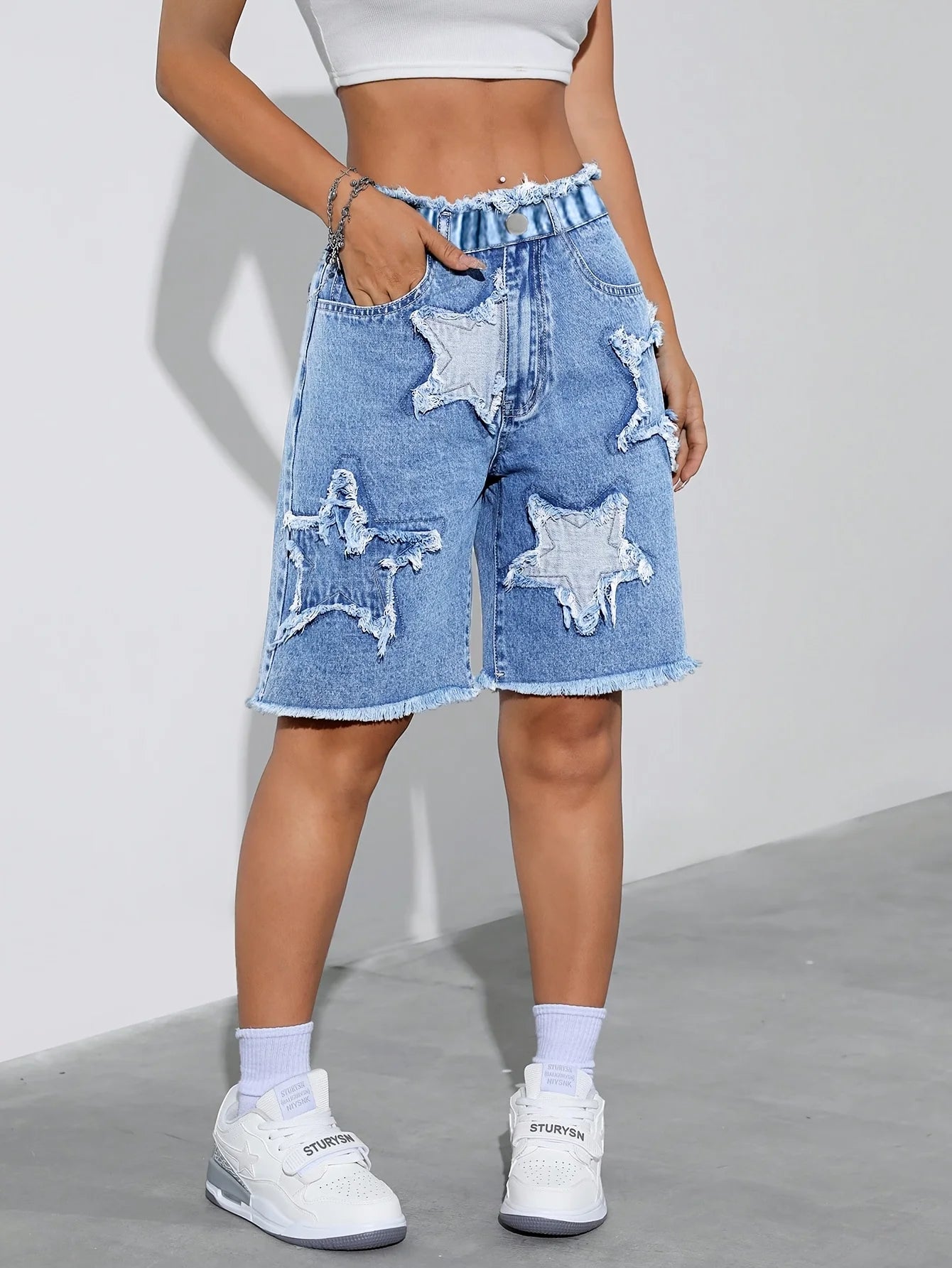 Five-Star Pattern Patchwork Denim Midrisk Trousers, with Elastic Stretch Waist.