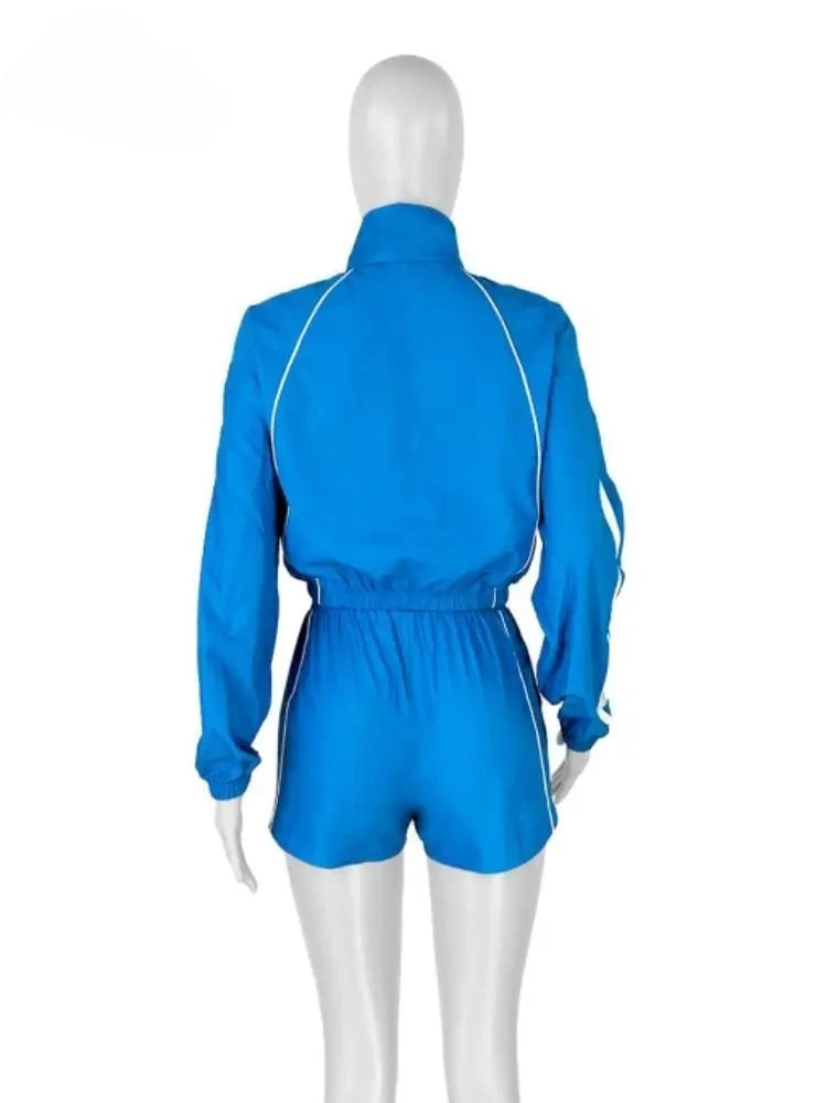 2 Piece Set For Women Casual Full Sleeve Zip Crop Long Sleeve Jacket + Drawstring Shorts Matching Tracksuits