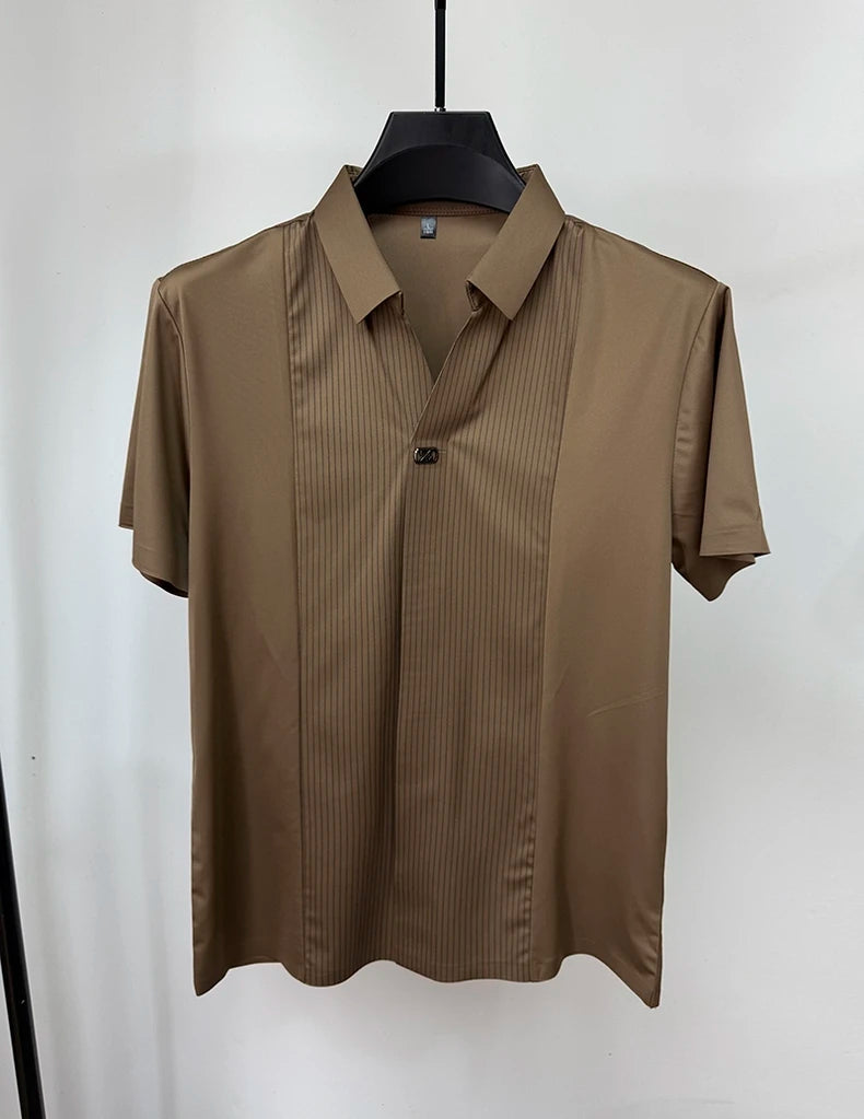 Personality patchwork stripe short sleeve polo shirt fashion brand embossed buttonless V-neck design men summer ice silk T-shirt