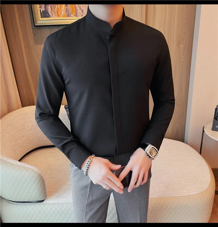 Men’s Luxury Stand Collar Shirt – Slim Fit Hidden Button Long Sleeve Business Casual Shirt