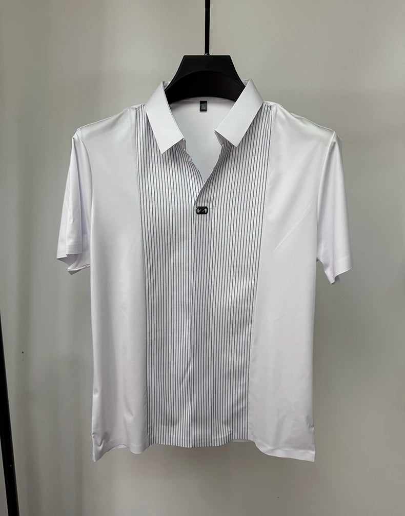 Personality patchwork stripe short sleeve polo shirt fashion brand embossed buttonless V-neck design men summer ice silk T-shirt