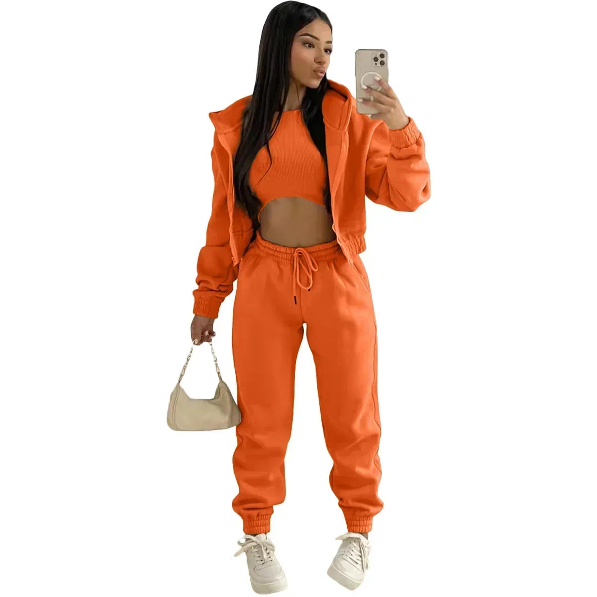 Women’s Premium 3-Piece Fleece-Lined Tracksuit Set – Hoodie, Tank Top & Sweatpants