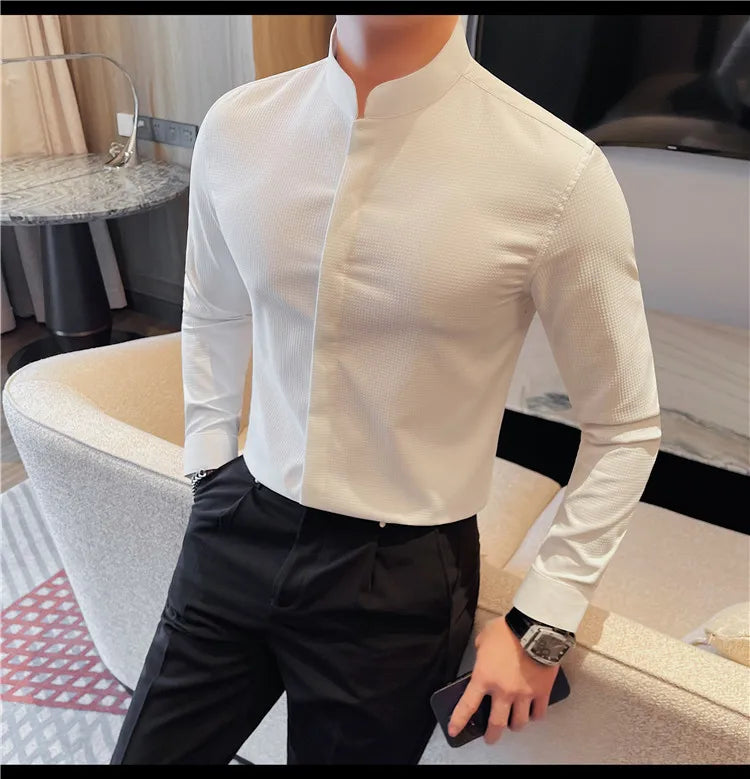 Men’s Luxury Stand Collar Shirt – Slim Fit Hidden Button Long Sleeve Business Casual Shirt