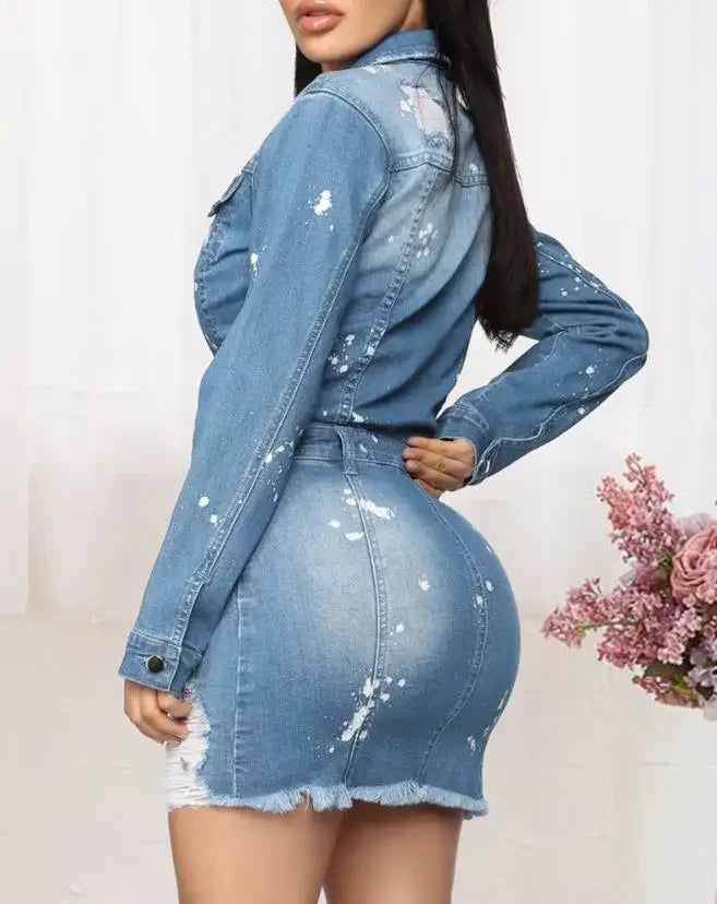 CPSYMYM Women's Dresses Spring Ink Splash Ripped Raw Hem Button Front Casual Turn-Down Collar Long Sleeve Mini Denim Dre