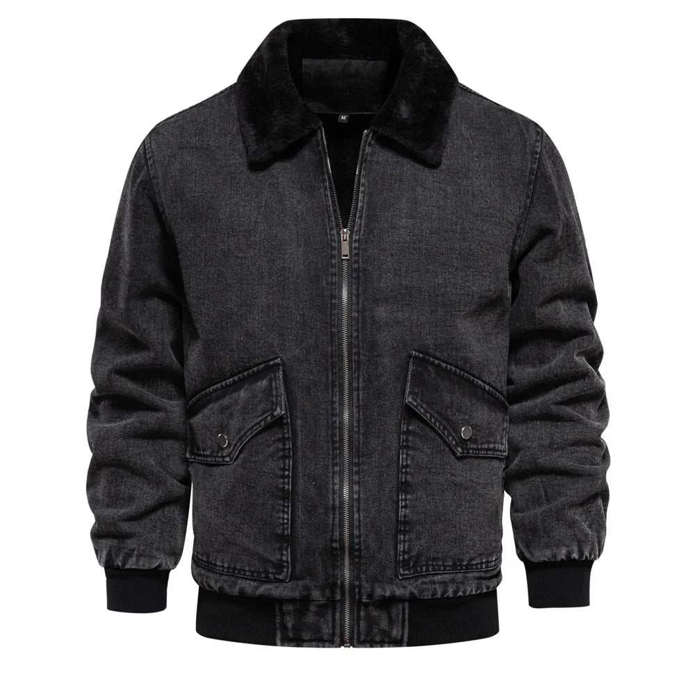 Men's Premium Fur Collar Denim Jacket – Warm Fleece-Lined Winter Coat