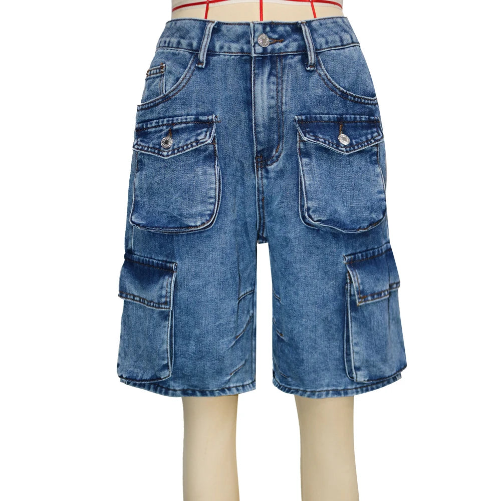 Fashion Pockets Women Acid Wash Cargo Denim Shorts 2025 Summer