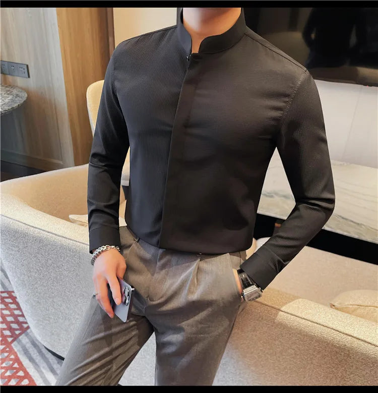 Men’s Luxury Stand Collar Shirt – Slim Fit Hidden Button Long Sleeve Business Casual Shirt
