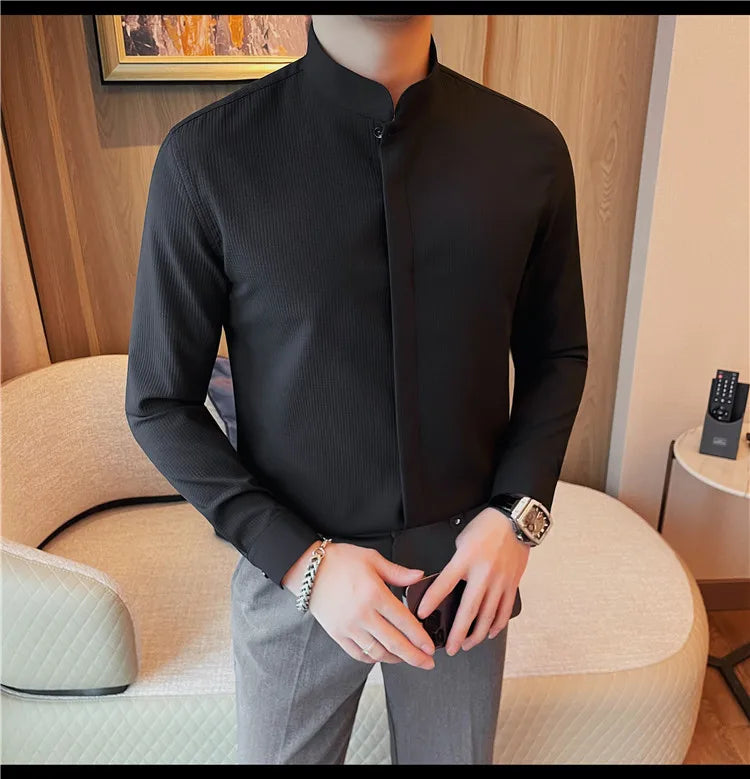 Men’s Luxury Stand Collar Shirt – Slim Fit Hidden Button Long Sleeve Business Casual Shirt