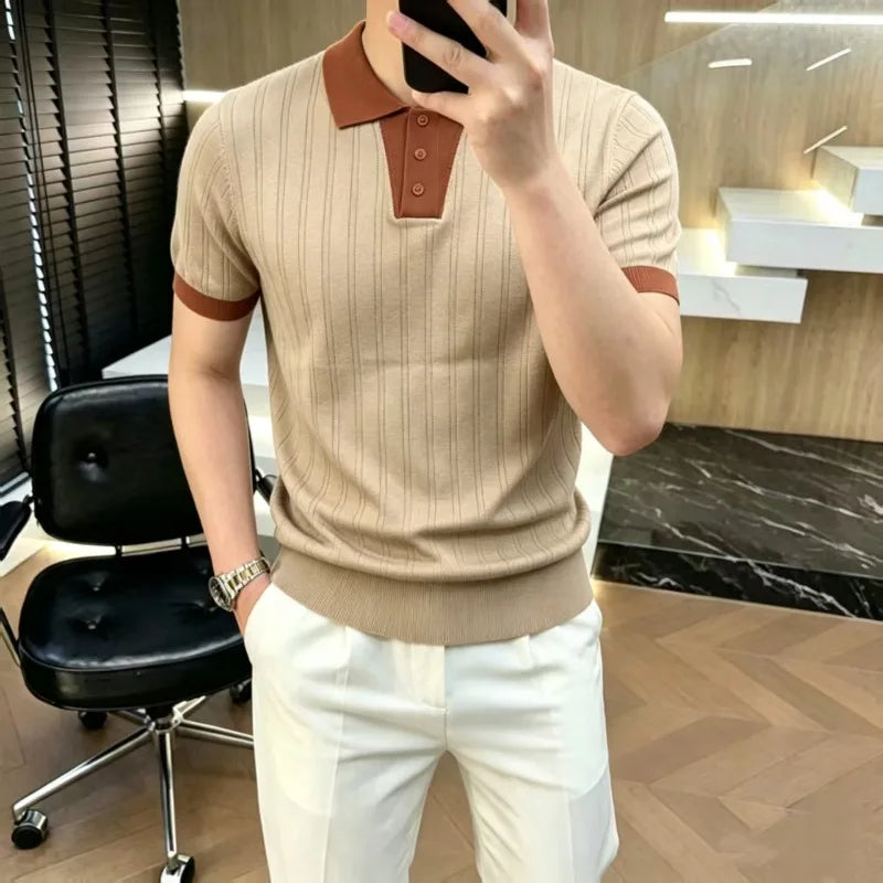 Luxury Knitted Polo Shirt Men's Short Sleeve Casual Social T-shirt
