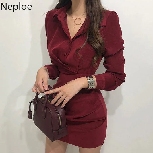Neploe Korean Chic Tie Waist Shirt Dress – Turn-Down Collar High Waist Bodycon Midi Dress