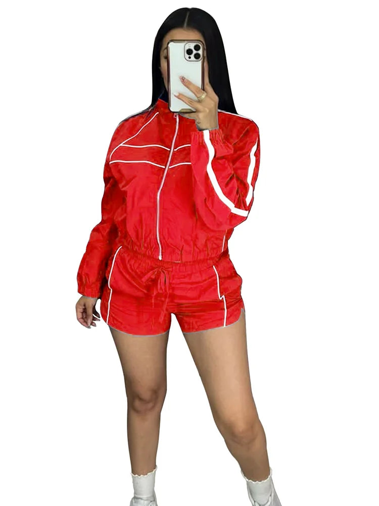 2 Piece Set For Women Casual Full Sleeve Zip Crop Long Sleeve Jacket + Drawstring Shorts Matching Tracksuits