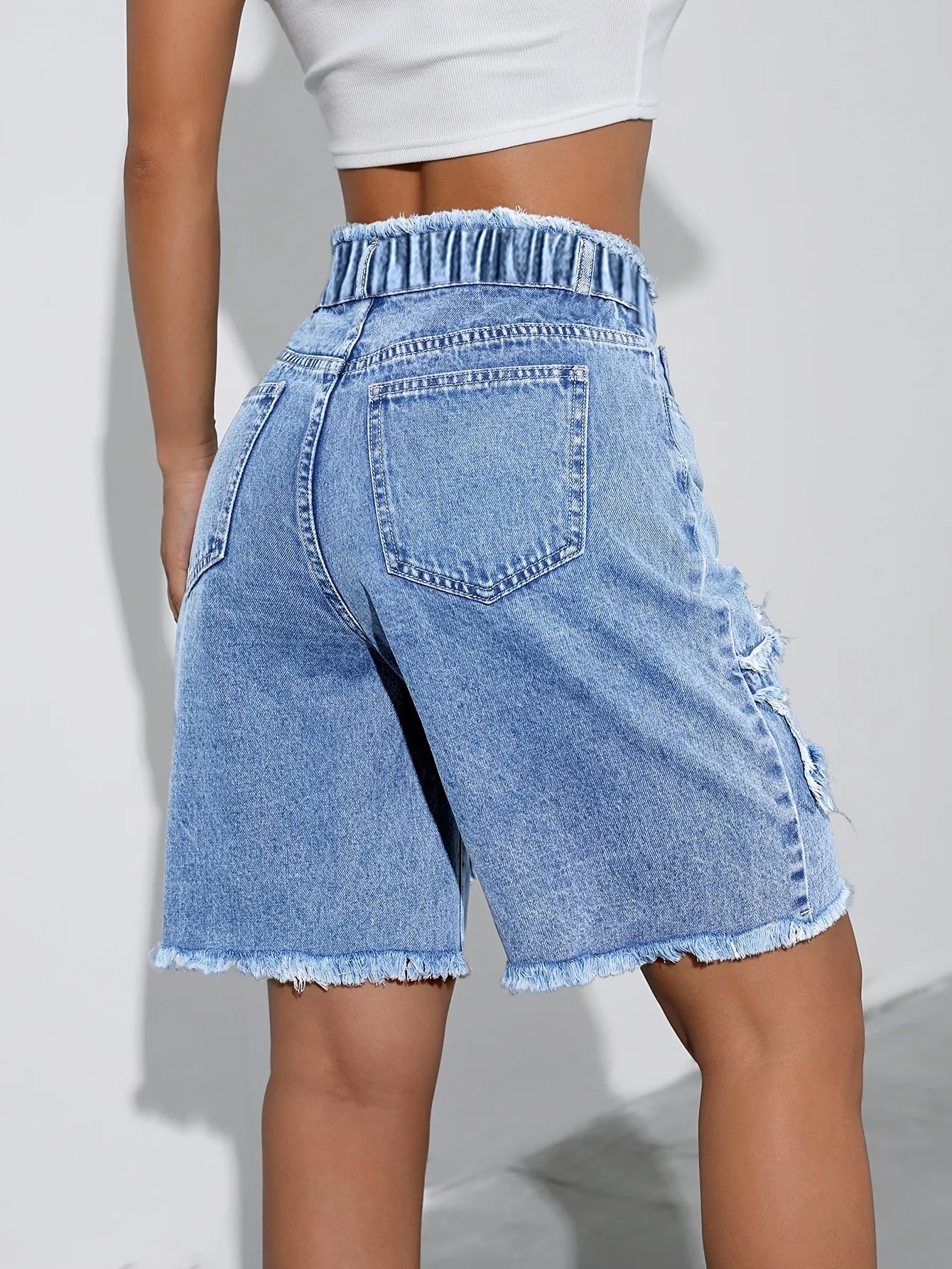 Five-Star Pattern Patchwork Denim Midrisk Trousers, with Elastic Stretch Waist.