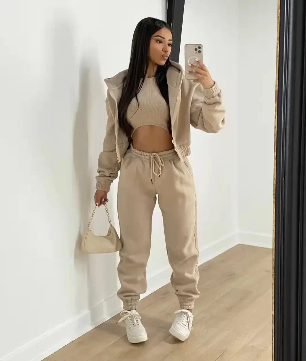 Women’s Premium 3-Piece Fleece-Lined Tracksuit Set – Hoodie, Tank Top & Sweatpants