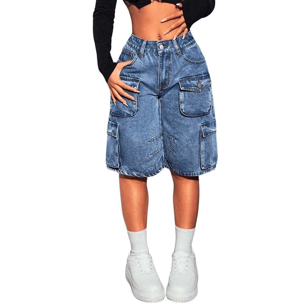 Fashion Pockets Women Acid Wash Cargo Denim Shorts 2025 Summer