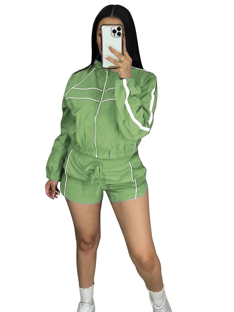 2 Piece Set For Women Casual Full Sleeve Zip Crop Long Sleeve Jacket + Drawstring Shorts Matching Tracksuits