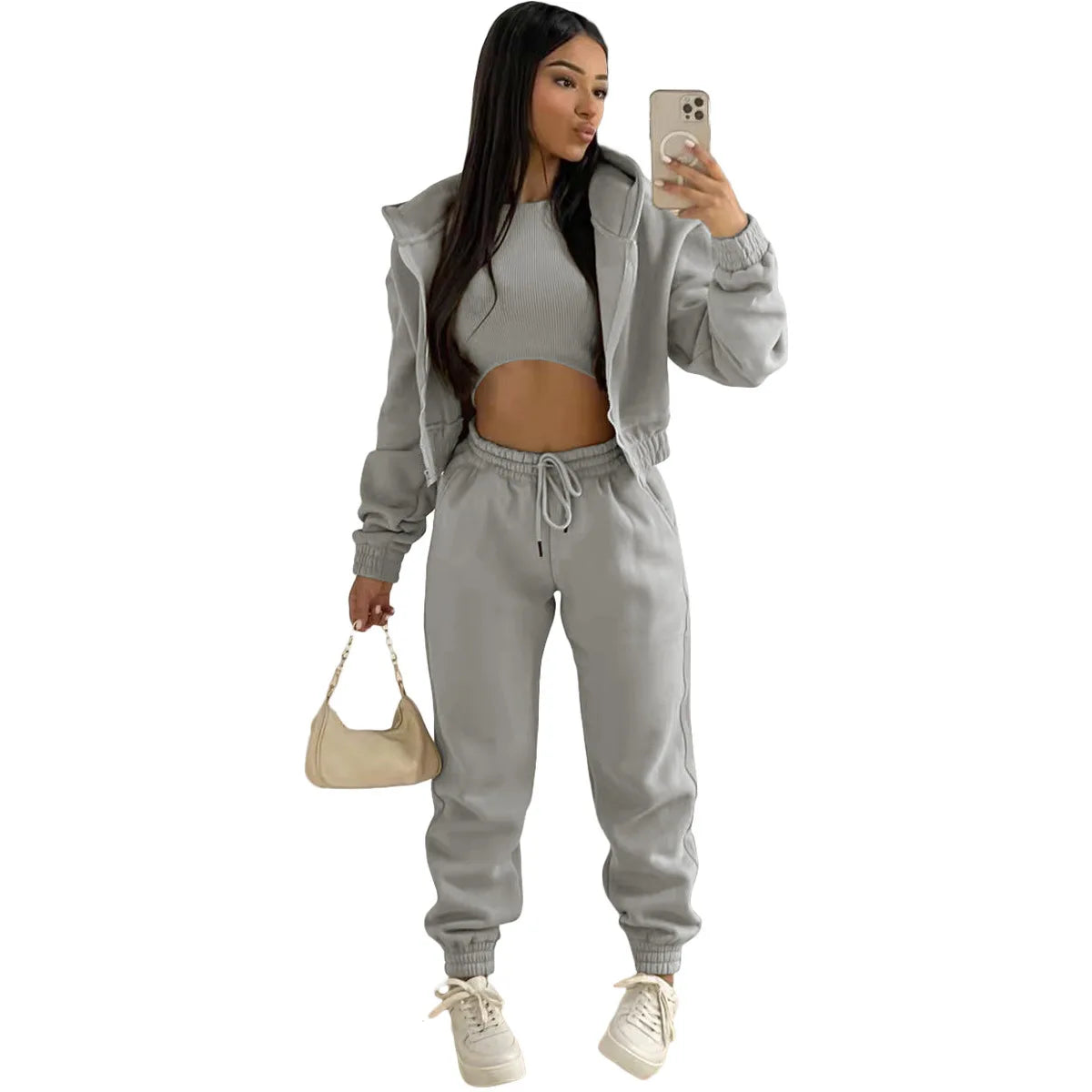 Women’s Premium 3-Piece Fleece-Lined Tracksuit Set – Hoodie, Tank Top & Sweatpants