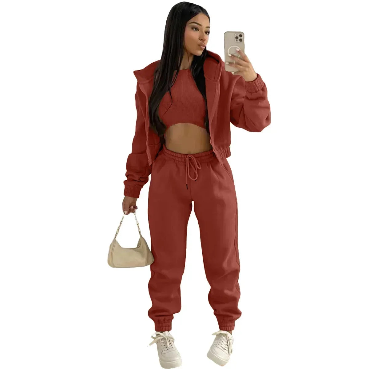 Women’s Premium 3-Piece Fleece-Lined Tracksuit Set – Hoodie, Tank Top & Sweatpants
