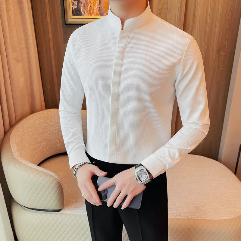 Men’s Luxury Stand Collar Shirt – Slim Fit Hidden Button Long Sleeve Business Casual Shirt