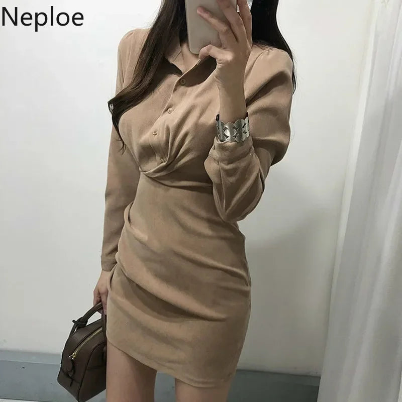 Neploe Korean Chic Tie Waist Shirt Dress – Turn-Down Collar High Waist Bodycon Midi Dress