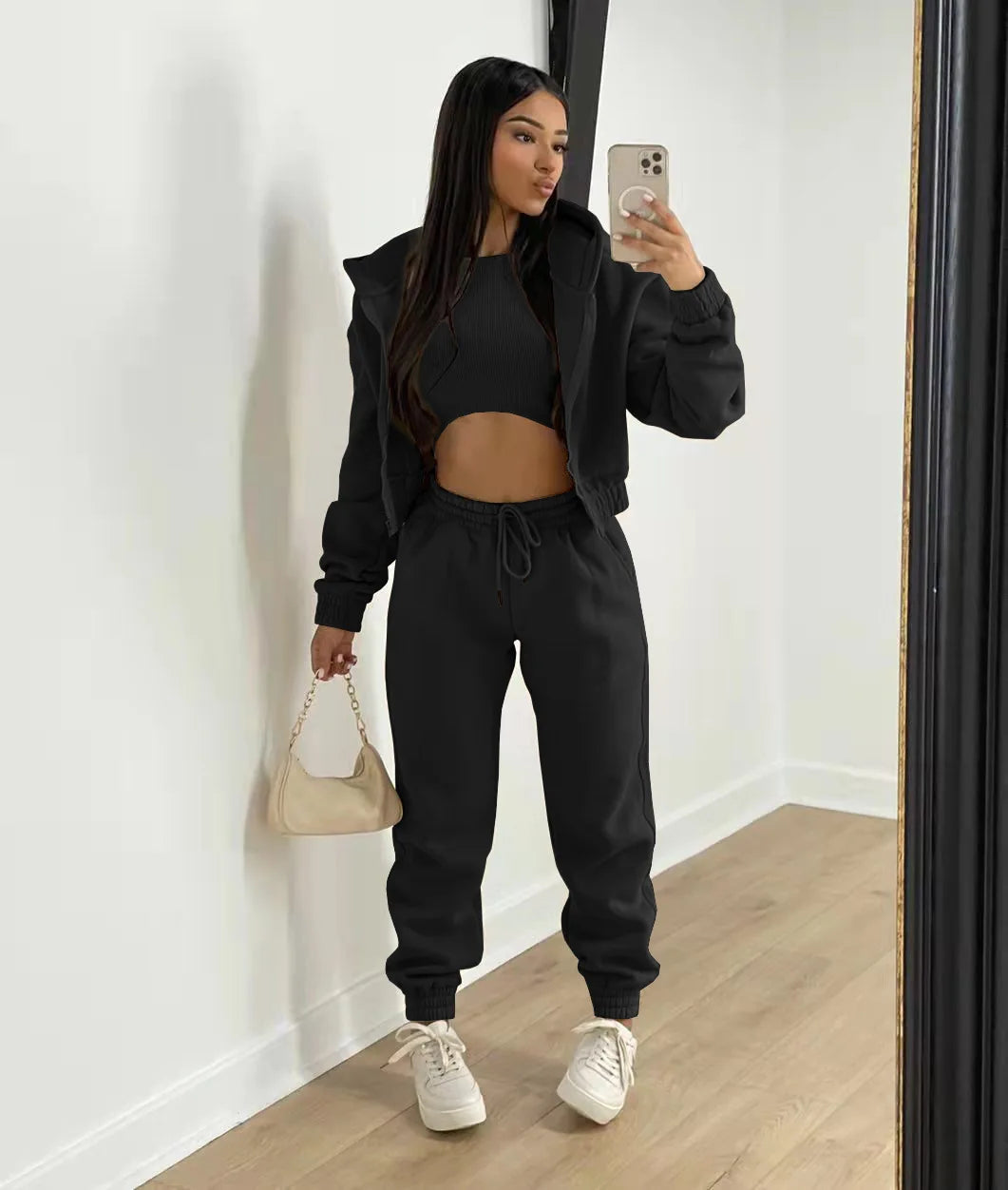 Women’s Premium 3-Piece Fleece-Lined Tracksuit Set – Hoodie, Tank Top & Sweatpants