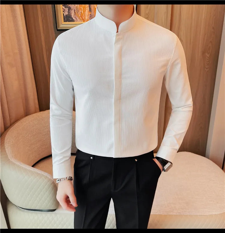 Men’s Luxury Stand Collar Shirt – Slim Fit Hidden Button Long Sleeve Business Casual Shirt