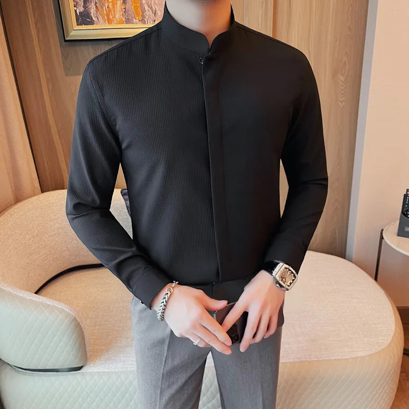 Men’s Luxury Stand Collar Shirt – Slim Fit Hidden Button Long Sleeve Business Casual Shirt
