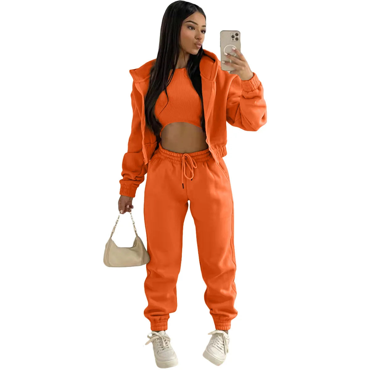 Women’s Premium 3-Piece Fleece-Lined Tracksuit Set – Hoodie, Tank Top & Sweatpants