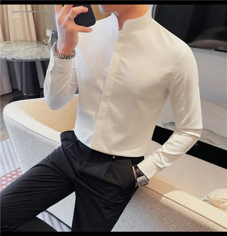Men’s Luxury Stand Collar Shirt – Slim Fit Hidden Button Long Sleeve Business Casual Shirt