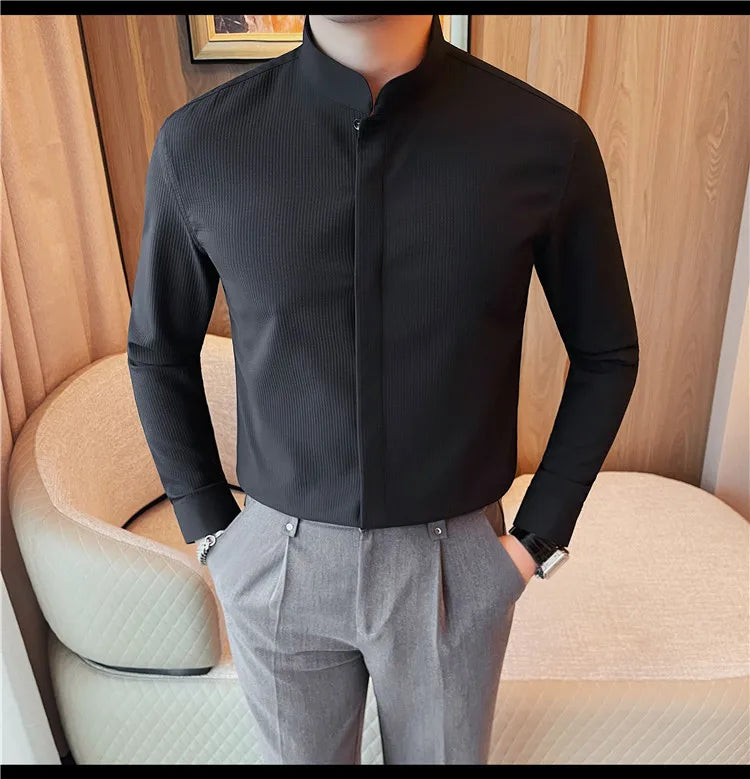 Men’s Luxury Stand Collar Shirt – Slim Fit Hidden Button Long Sleeve Business Casual Shirt