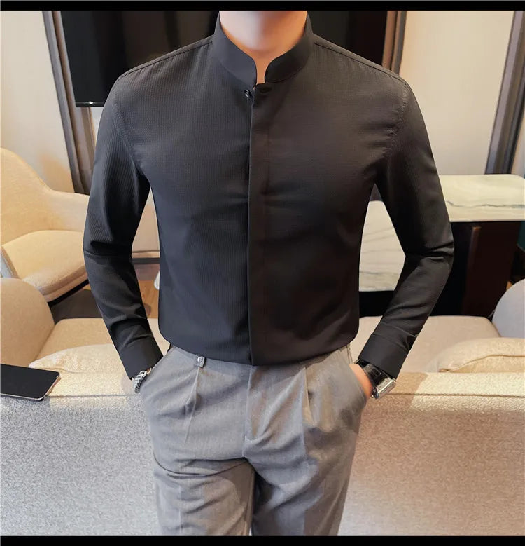 Men’s Luxury Stand Collar Shirt – Slim Fit Hidden Button Long Sleeve Business Casual Shirt