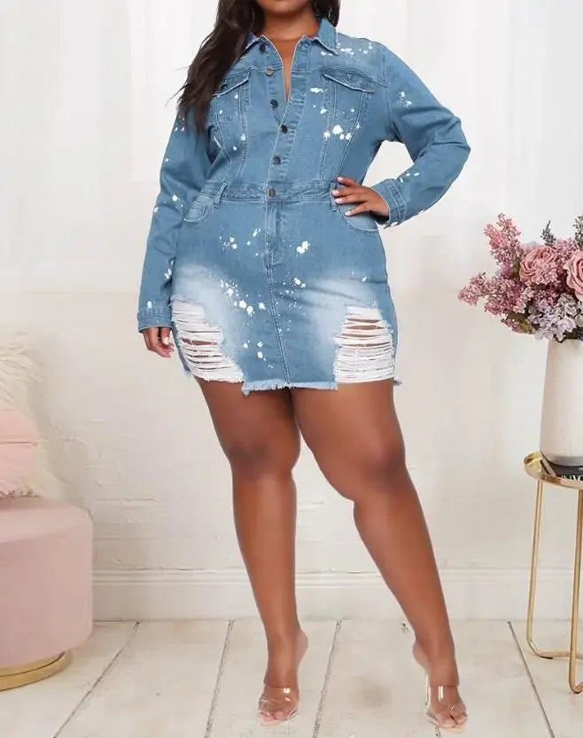 CPSYMYM Women's Dresses Spring Ink Splash Ripped Raw Hem Button Front Casual Turn-Down Collar Long Sleeve Mini Denim Dre