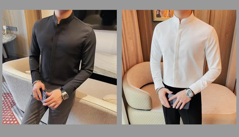 Men’s Luxury Stand Collar Shirt – Slim Fit Hidden Button Long Sleeve Business Casual Shirt