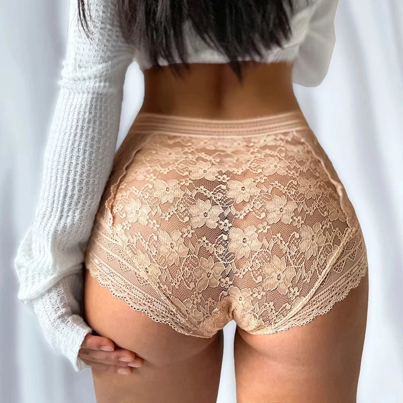Women's Elegant High-Waist Lace Briefs – Soft Stretch Sheer Underwear