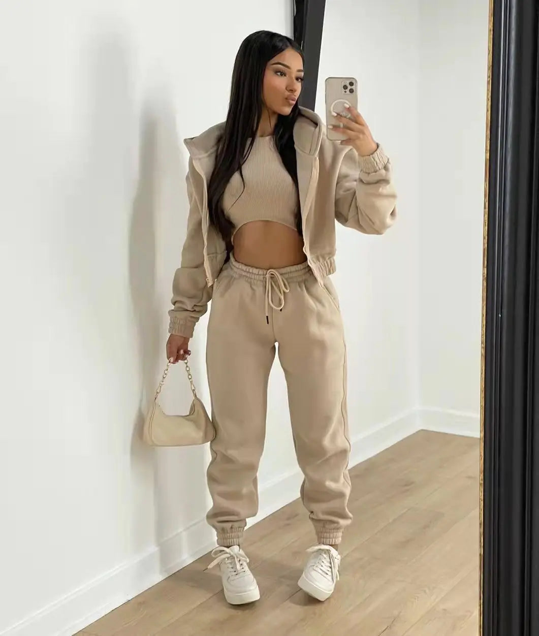 Women’s Premium 3-Piece Fleece-Lined Tracksuit Set – Hoodie, Tank Top & Sweatpants